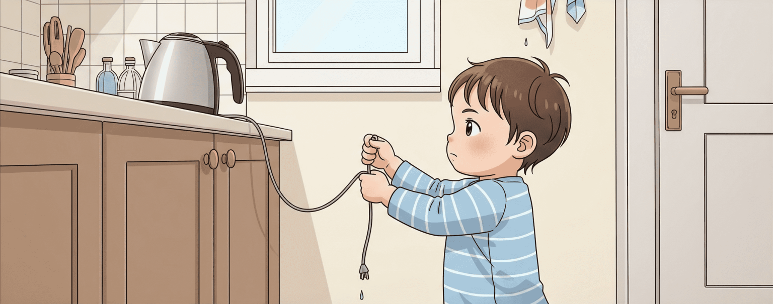 Illustratie van een peuter in de keuken die de stekker van een waterkoker in de handen heeft, nadat deze uit het stopcontact is getrokken.
